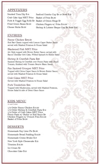 a restaurant menu with a red damask pattern